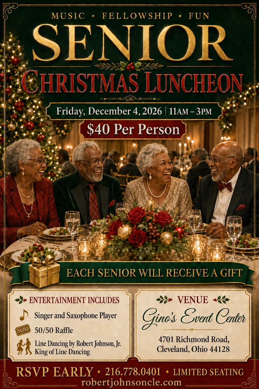 Flyer: Senior Christmas Luncheon, Friday December 4, 2026, 11 AM to 3 PM, Gino's Event Center, $40 per person